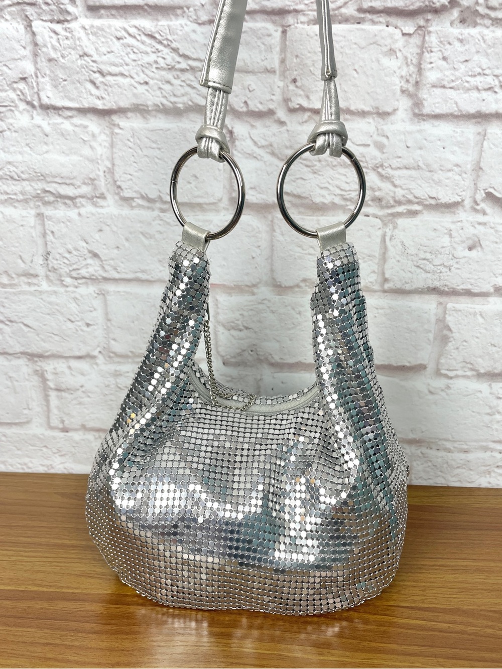 Silver Metallic Sequin Disco ball Sparkle Y2K Hobo Shoulder Clubbing Bag